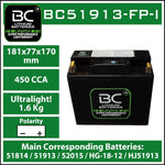 BC Lithium Batteries BC51913-FP-I Batteria Moto al Litio LiFePO4, 1,6 kg, 12V, HJ51913-FP / 51814 / 51913 / 52015 / HG-18-12 - BC Battery